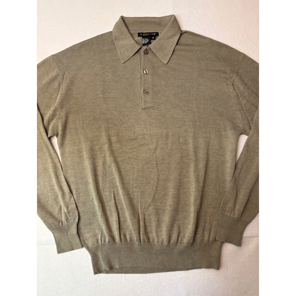 Tulliano Mens Silk Cotton Knit Polo Sweater Long Sleeve Olive Taupe Size M